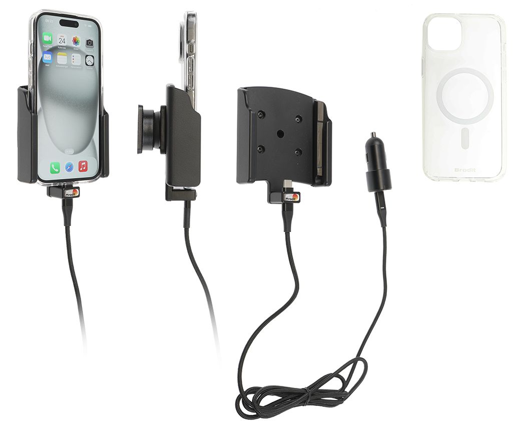 Brodit houder/lader Apple iPhone 15 USB sig.plug - with case